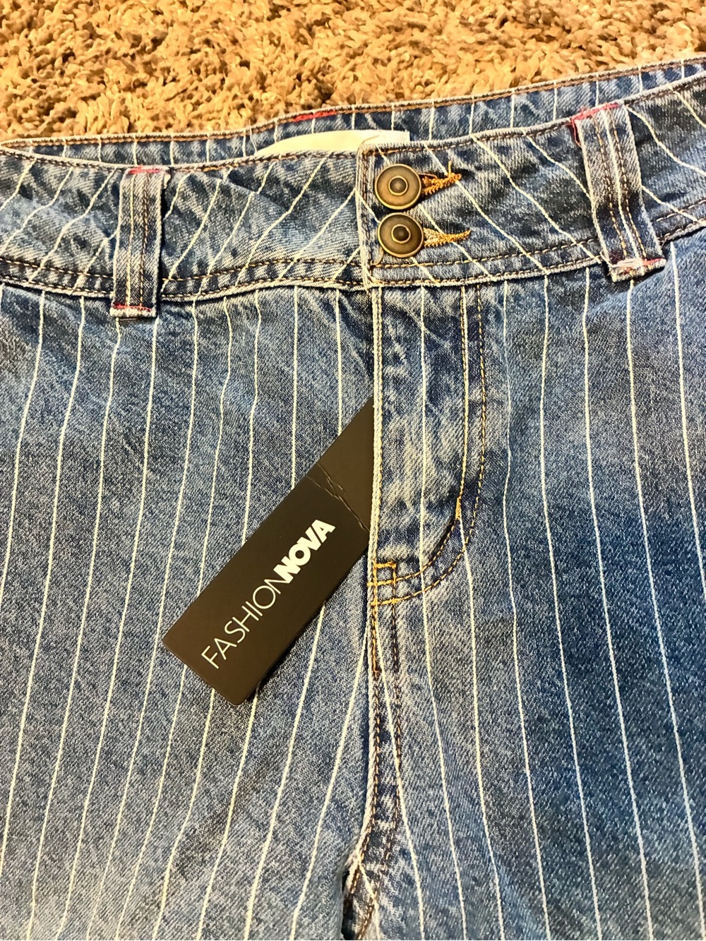 Fashion Nova Women's Blue Pinstripe High-Rise Jeans with Dual Button
